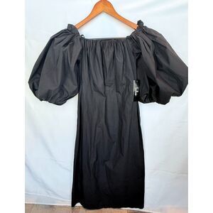 Lulus Black Poplin Puff Sleeve Dress Romantic Goth Off Shoulder Midi Sheath NWT